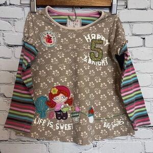 NEXT Little Girls 5th Birthday UK Designer L Sleeve Embroidered Top - Sz 3-4 Yrs